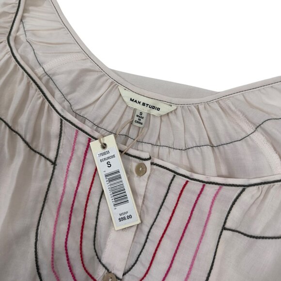 Max Studio Womens Embroidered Sleeve Boho Peasant Blouse SZ S 100% Rayon Beige - Picture 4 of 11